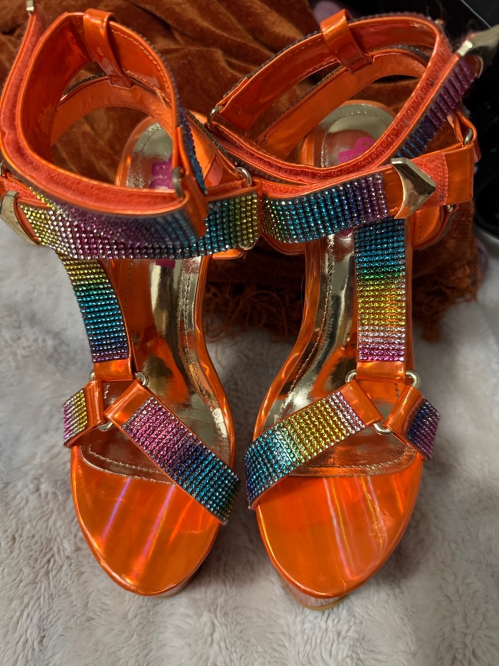 Golden Bulls | Sexy Rhinestone Orange & Rainbow Platform Stiletto Heels | 8 NIB - Picture 10 of 12